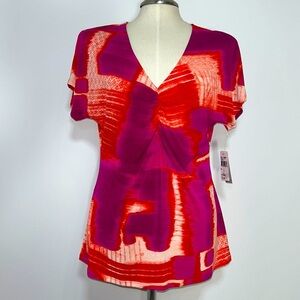 Natori V-Neck Ruched Short Sleeve Geometric Blouse Size Large